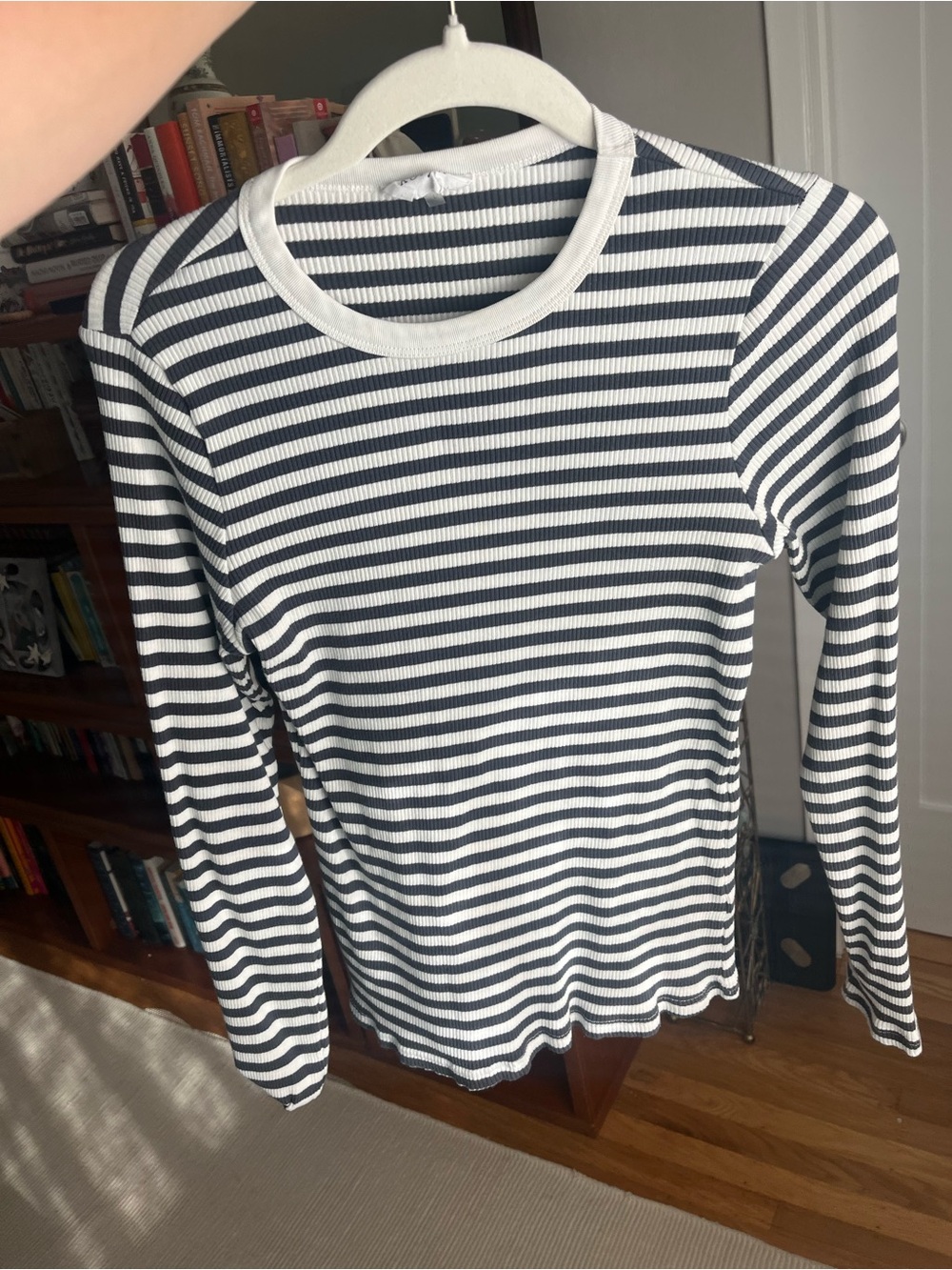 Striped Long-Sleeve Ribbed Tee in Navy and White